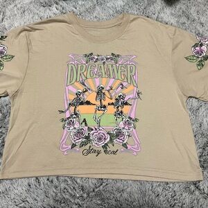Dreamer Graphic Cropped Tee with Skeletons and Roses